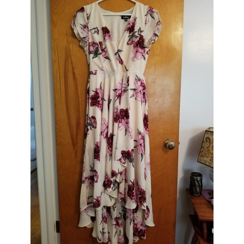 Lulu's Cream Floral High-Low Dress with Pink & Burgundy Blooms